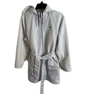 Tommy Hilfiger Blue Pin Striped Hooded XL Belted Women’s Light Spring Rain Coat